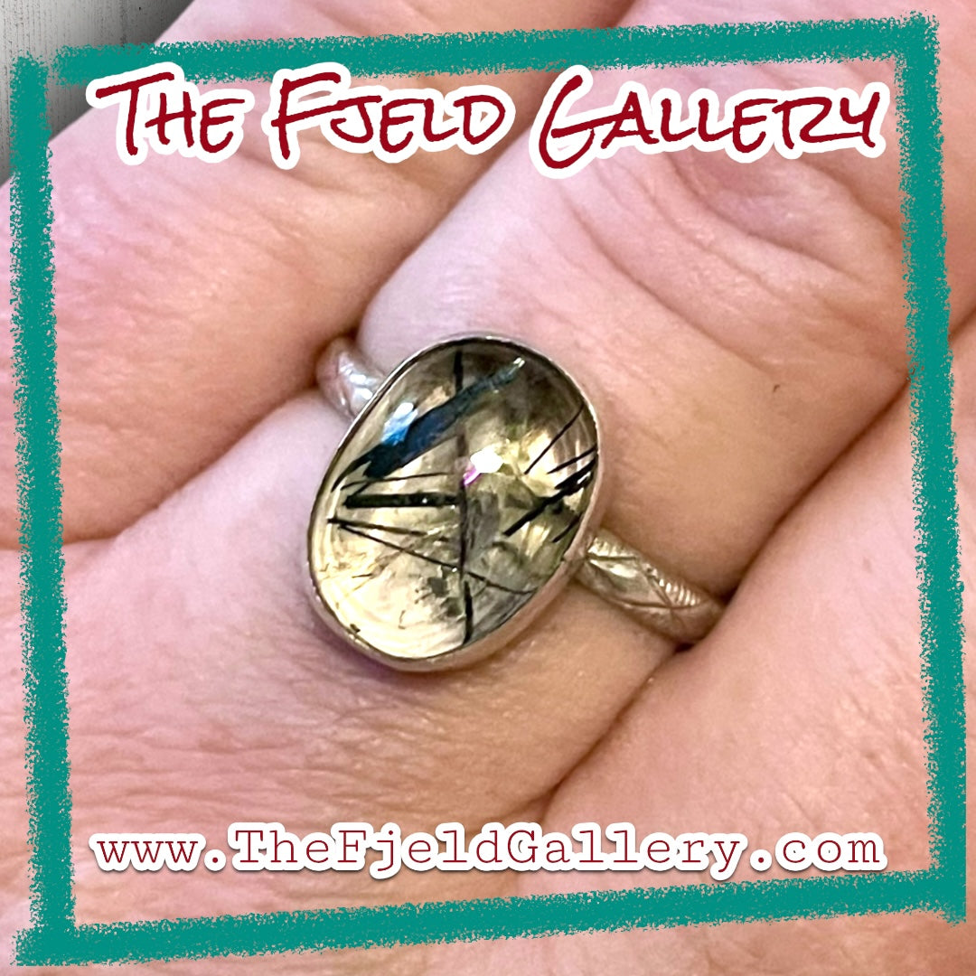 Handmade Rutile Gold & Black Quartz Sterling Ring