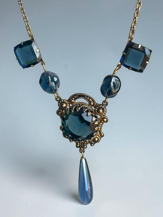 Art Nouveau Saphire Blue Czech Art Glass Brass Filigree Necklace