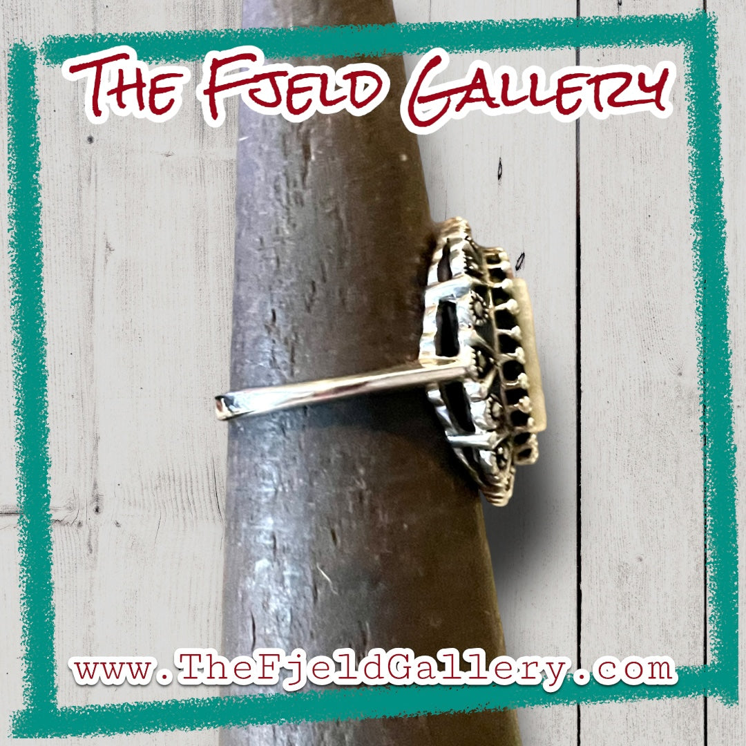 Art Deco Onyx & Mother of Pearl Cameo Sterling Silver & Marcasite Ring