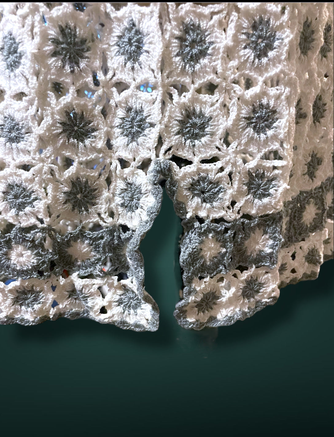 1970’s Vintage White & Gray Crochet Knit Floral Bow Waist Dress