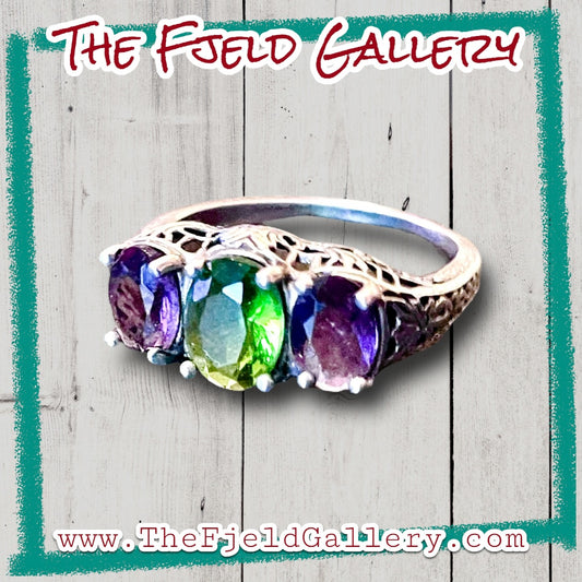 Amethyst & Peridot Sterling Silver Victorian Filigree 3 Stone Ring