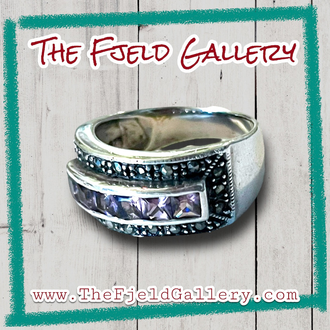 Amethyst Channel Set Sterling Silver & Marcasite Wide Band Ring