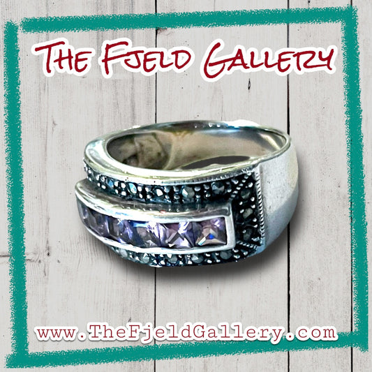 Amethyst Channel Set Sterling Silver & Marcasite Wide Band Ring