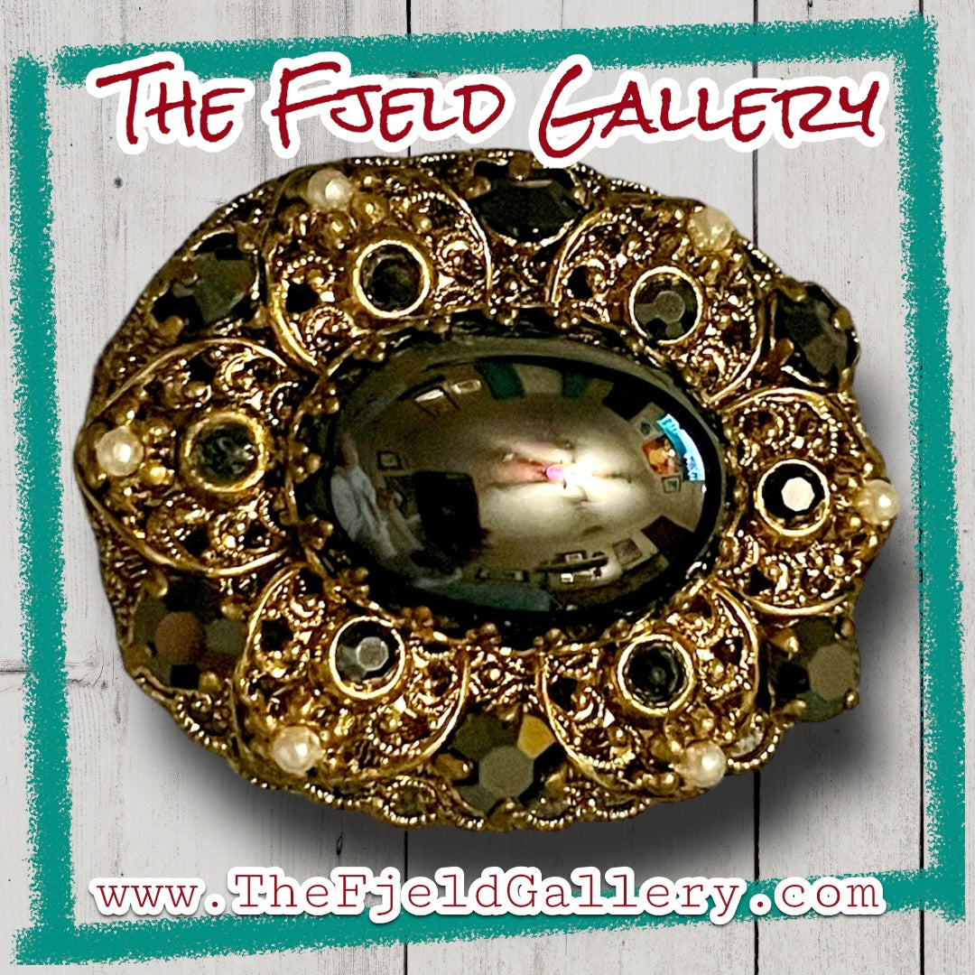 West German Brass Filigree Hematite & Pearl Brooch