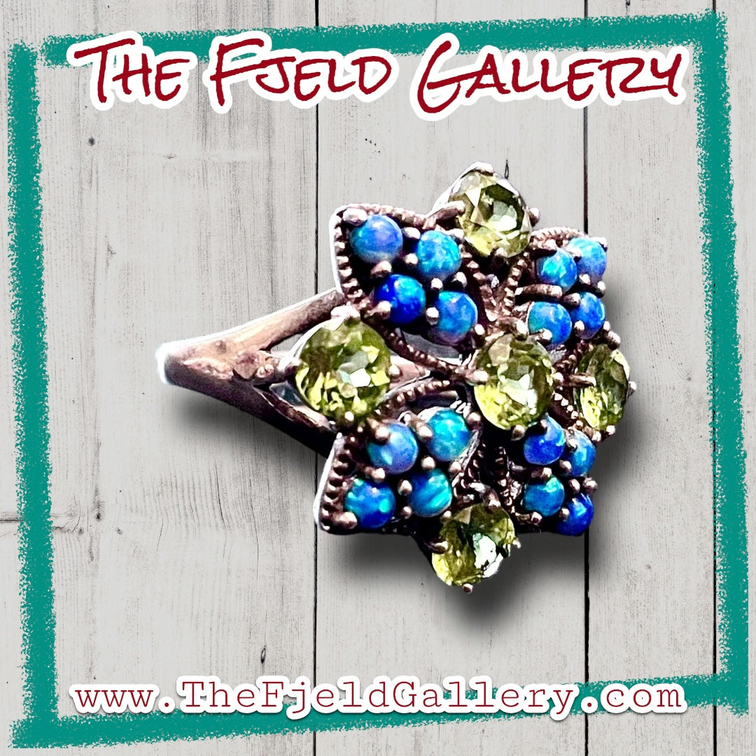 Peridot & Blue Fire Opal Flower Sterling Silver Ring