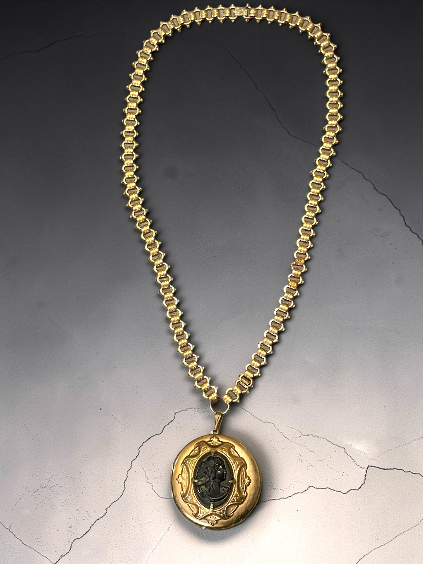 Victorian Black Mourning Cameo Gold Embossed Book-link Chain Gothic Locket Necklace