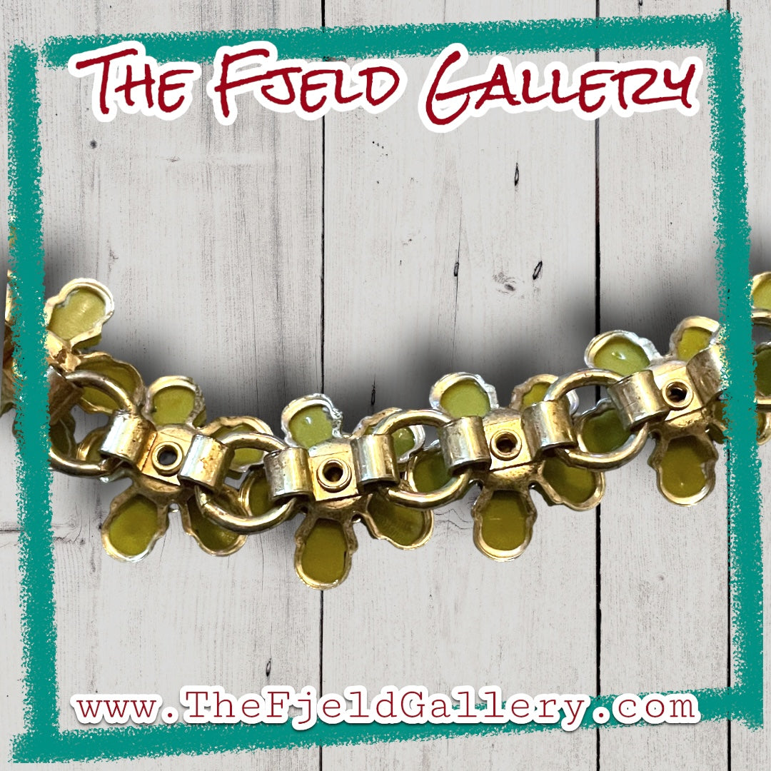 1960’s Olive Green Lucite & Crystal Rhinestone Daisy Flower Necklace & Earrings Set