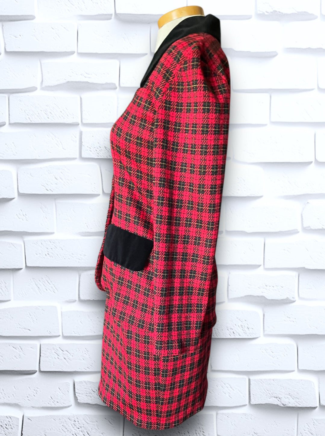 Vintage Red, Black & Yellow Plaid Skirt Suit with Black Velvet Detailing