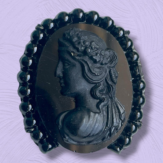 Victorian Mourning Cameo Ribbon Holder Black Molded Glass Brooch