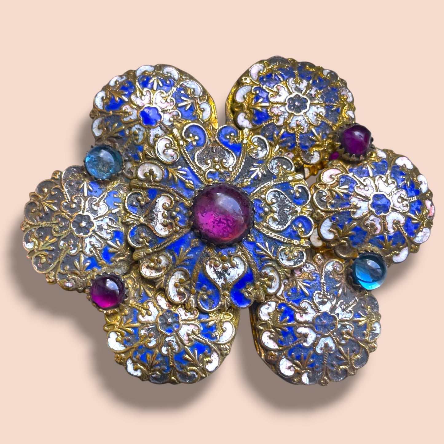 Edwardian/Art Nouveau Czechoslovakian Purple & Blue Art Glass, Cloisonné Enamel Brass Belt Buckle
