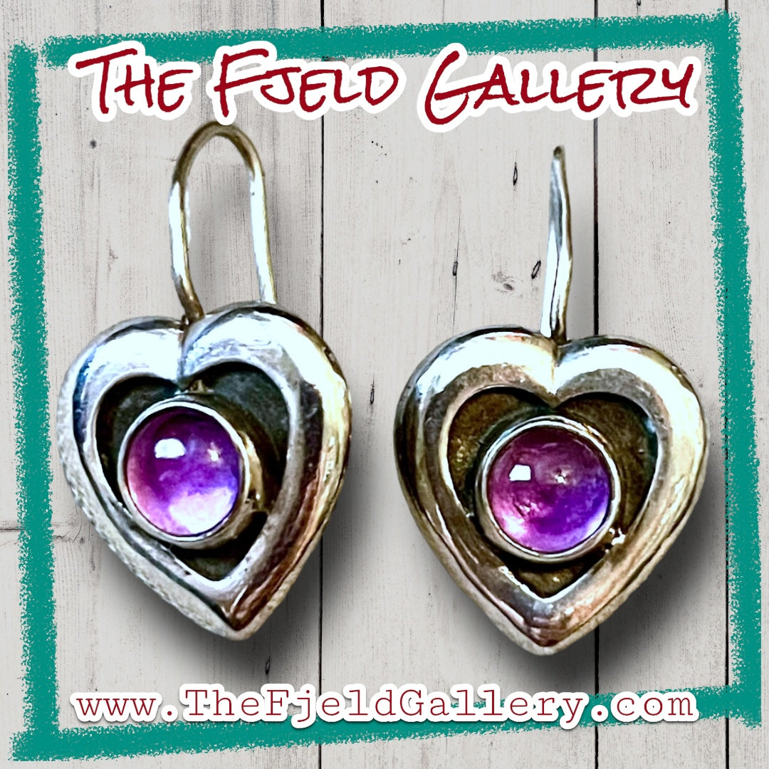 Vintage Sterling Silver & Amethyst Heart Shaped Earrings