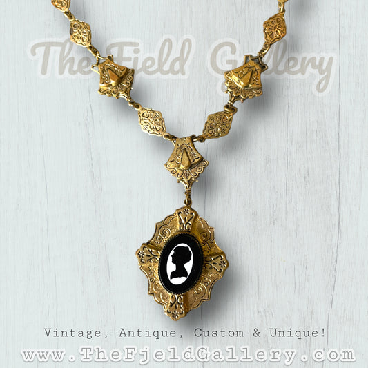 Victorian Mourning Cameo on Gold Embossed Chain Necklace
