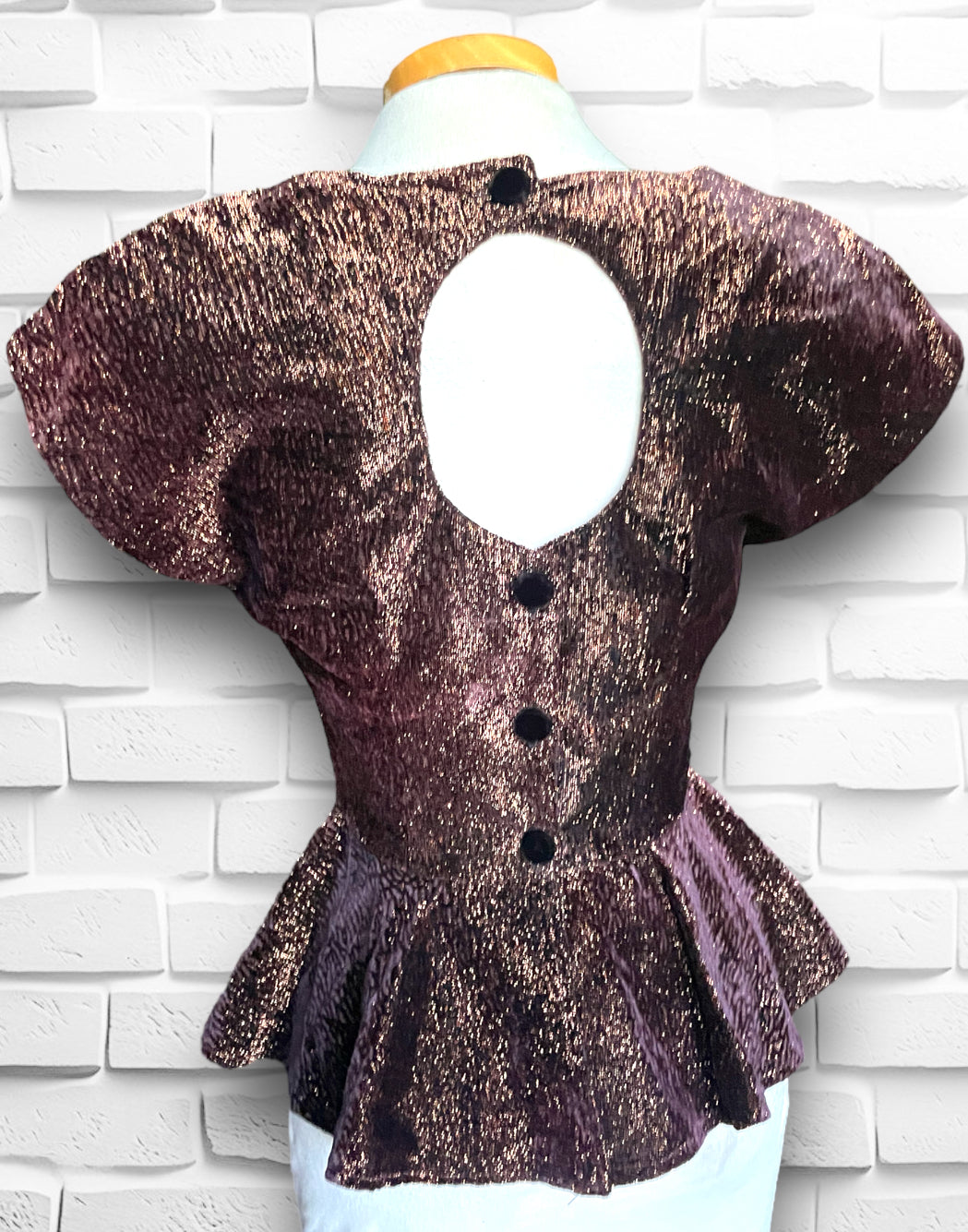1980 Copper Metallic Peplum Blouse w/ Velvet Bow, Keyhole Back & Black Buttons
