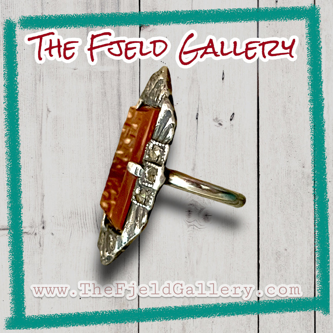 Carnelian Orange Red Art Deco Sterling Silver & Marcasite Ring