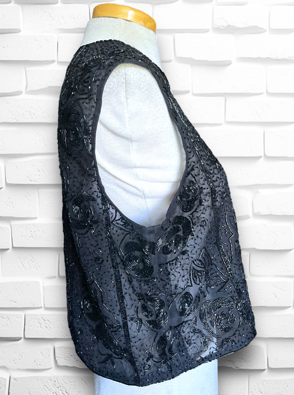 1990’s Transparent Black Floral Pattern Beaded Zip Up Front Sleeveless Blouce