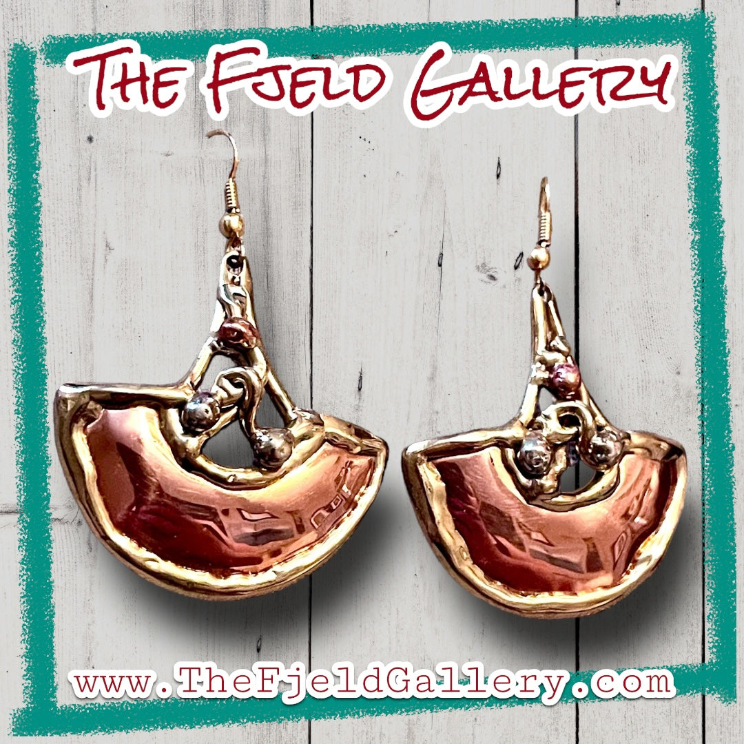 Vintage Barbaric Brutalist Arts & Crafts Copper & Brass Geometric Dangle Earrings