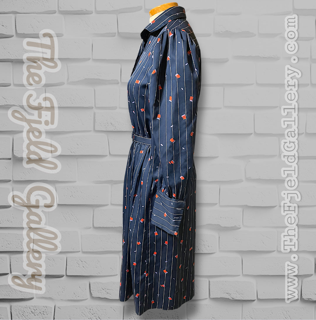 1970’s Navy Blue Pinstripe, Red & Purple Pattern Long-sleeve Pocket Belted Dress