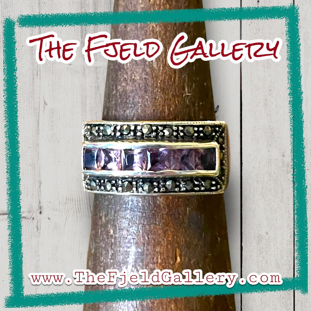 Amethyst Channel Set Sterling Silver & Marcasite Wide Band Ring