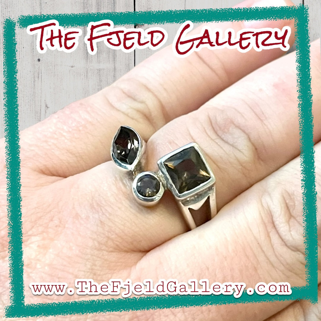 Smokey Topaz 3 Stone Bezel Set Geometric Sterling Silver Ring