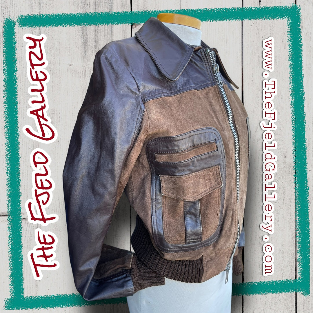 Vintage Brown Leather, Suede & Knit Bomber Jacket with Double Zipper