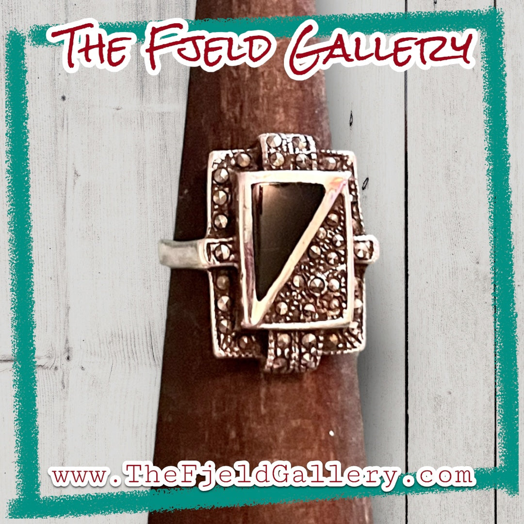 Art Deco Onyx & Marcasite Square Sterling Silver Geometric Ring