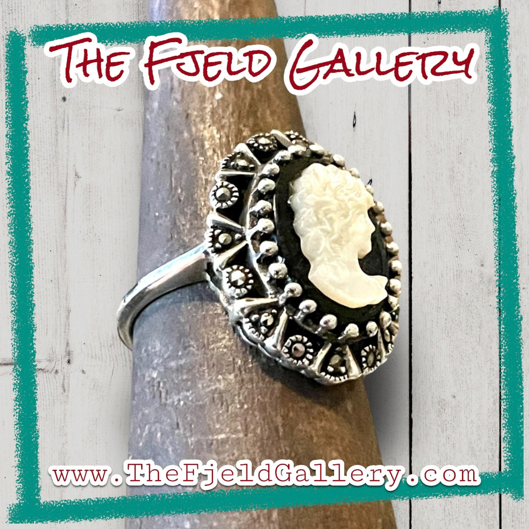 Art Deco Onyx & Mother of Pearl Cameo Sterling Silver & Marcasite Ring