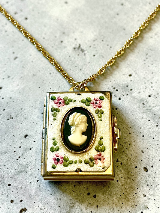 Vintage Coro Floral Frame Cloisonné Black Mourning Cameo Photo Book Locket Necklace