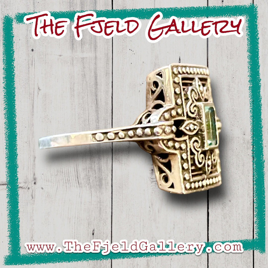Victorian Aquamarine Square Filigree Open Work Sterling Ring