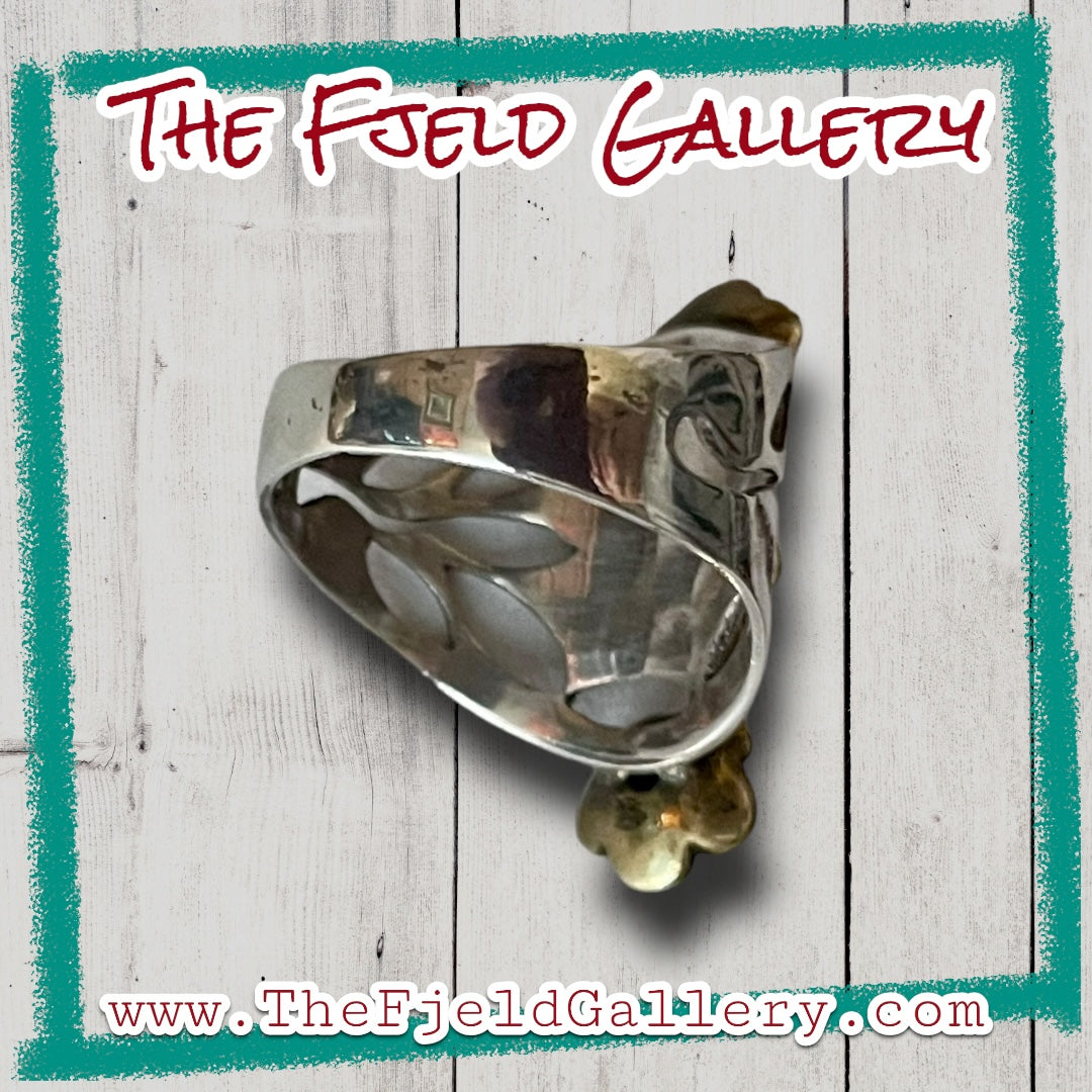 Blue Fire Opal 3 Stone Vintage Sterling Silver & Gold Flower Ring