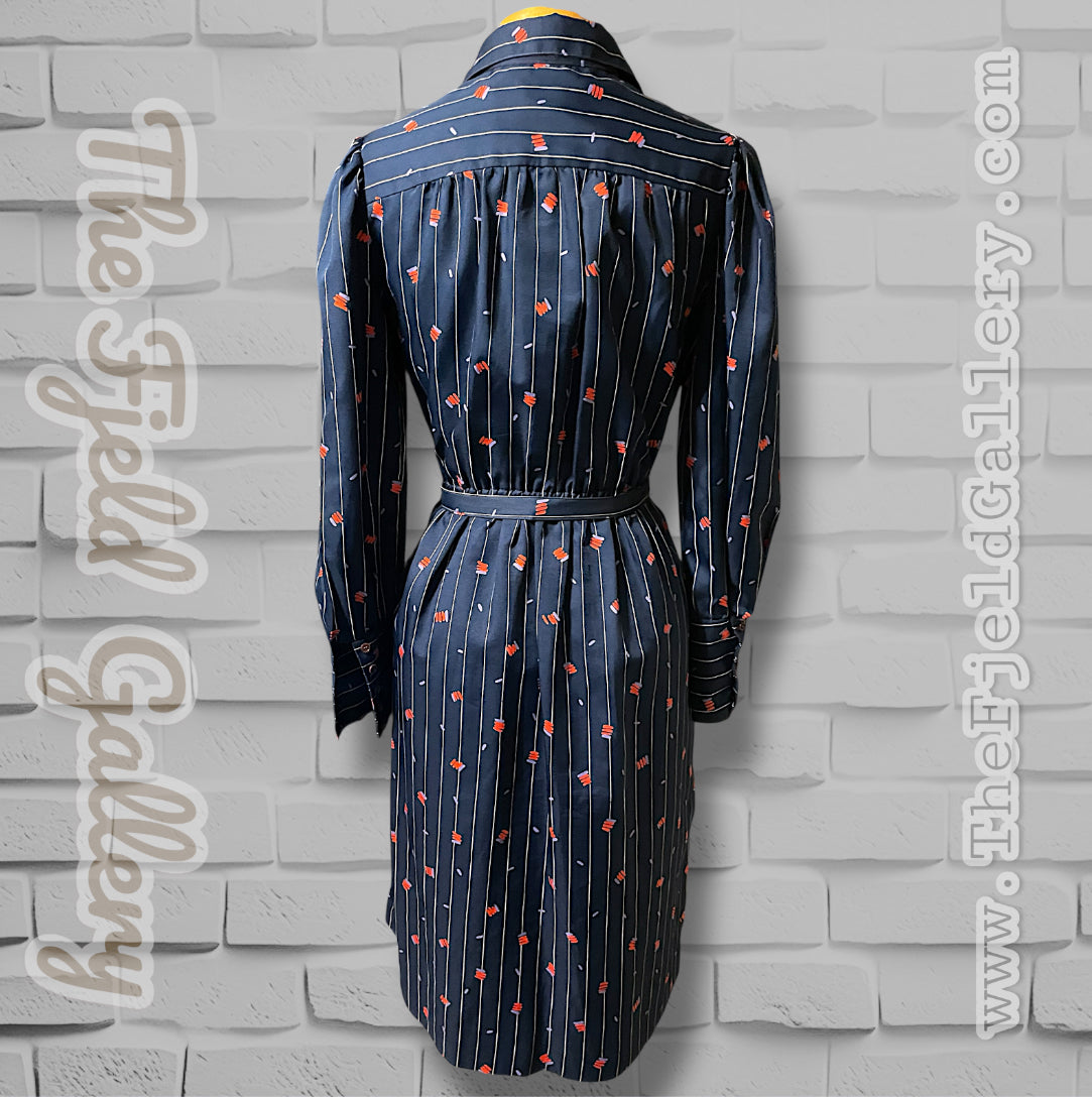 1970’s Navy Blue Pinstripe, Red & Purple Pattern Long-sleeve Pocket Belted Dress