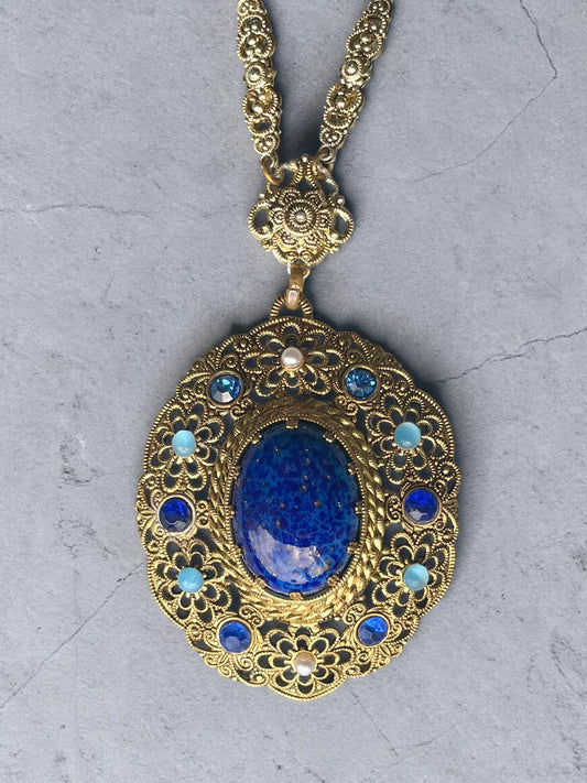 1940’s West German Gilded Brass Filigree Lapis Blue, Cats Eye Art Glass & Pearl Necklace