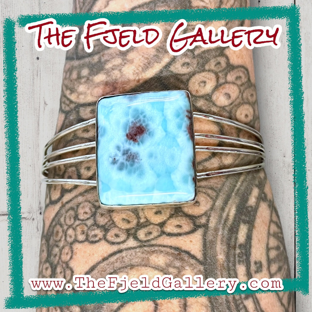 Handmade Larimar Gemstone Sterling Silver Large Cuff Bracelet