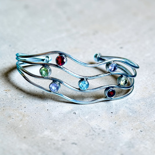 Sterling Silver Wavy Wire Aquamarine, Garnet, Amethyst, Peridot & Citrine Gemstone Cuff Bracelet