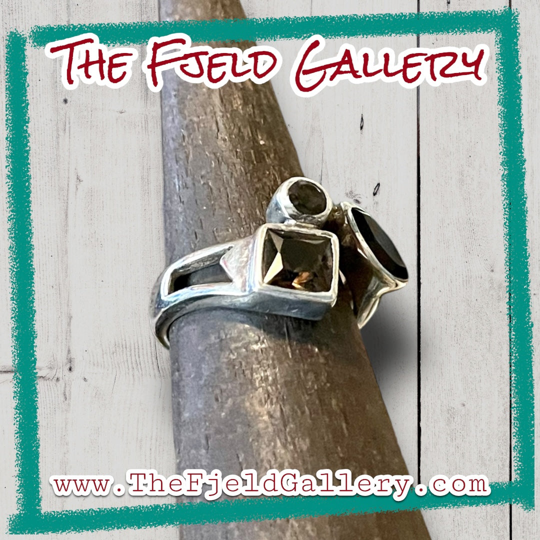 Smokey Topaz 3 Stone Bezel Set Geometric Sterling Silver Ring