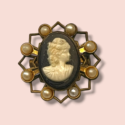 Victorian Brass Black & White Mourning Cameo & Pearl Brooch