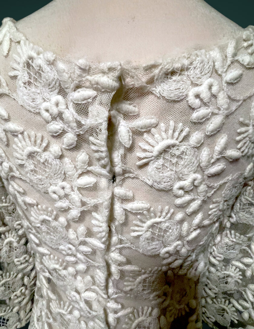 1960’s Embroidered Ivory Lace Mod Short Dress with Bell Bottom Sleeves