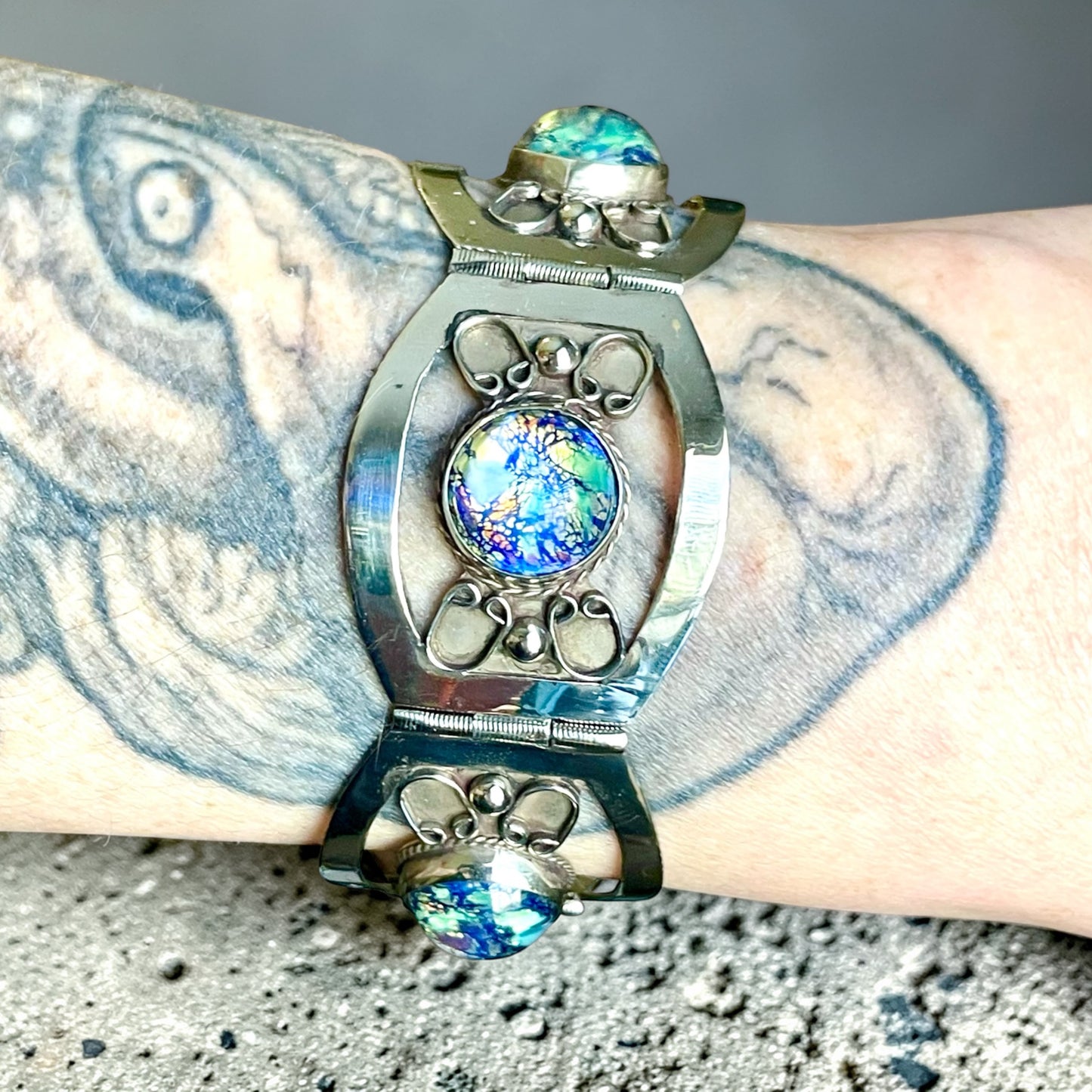 Sterling Silver Blue Green Dragons Breath Fire Opal Taxco Mexico Panel Bracelet