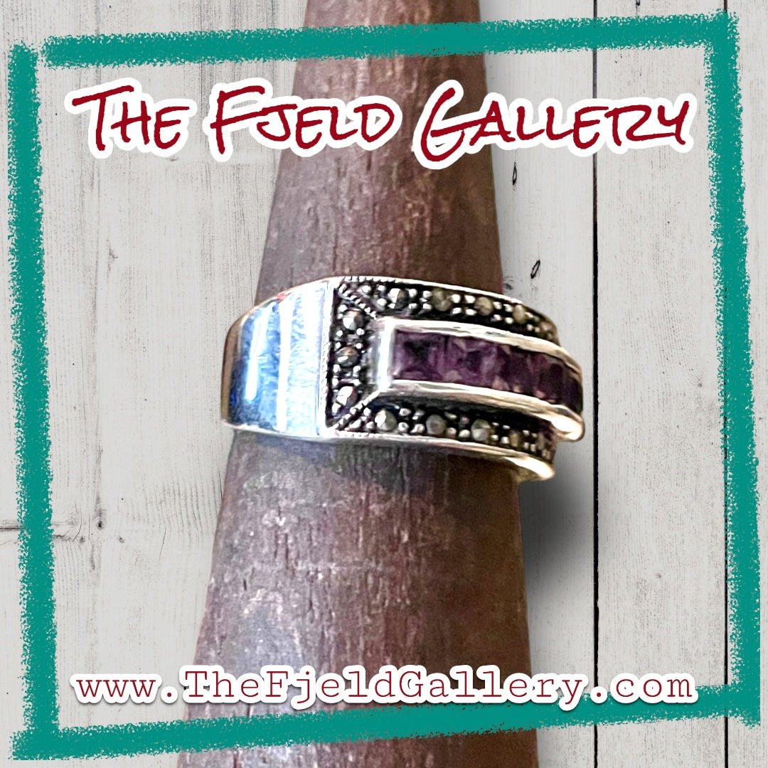 Amethyst Channel Set Sterling Silver & Marcasite Wide Band Ring