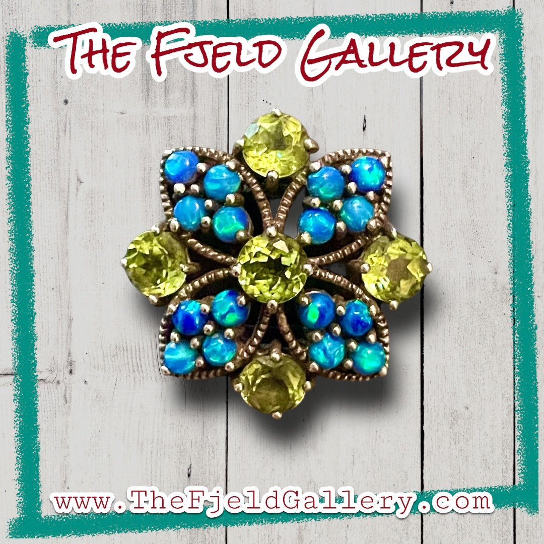 Peridot & Blue Fire Opal Flower Sterling Silver Ring