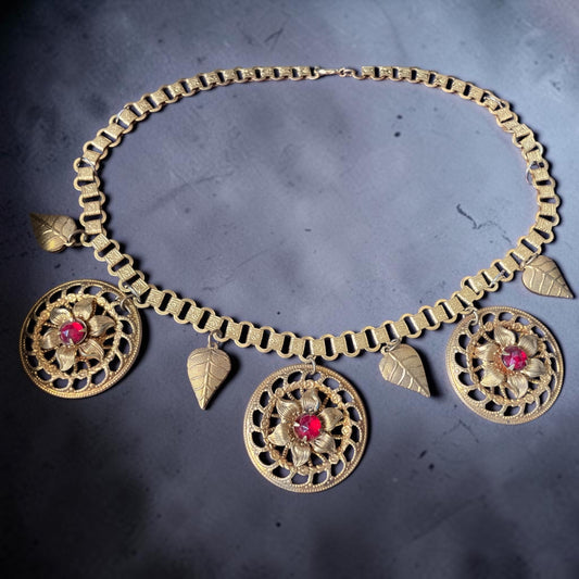 Victorian Bookchain Ruby Red Art Glass & Gold Filigree Leaf Charm Necklace