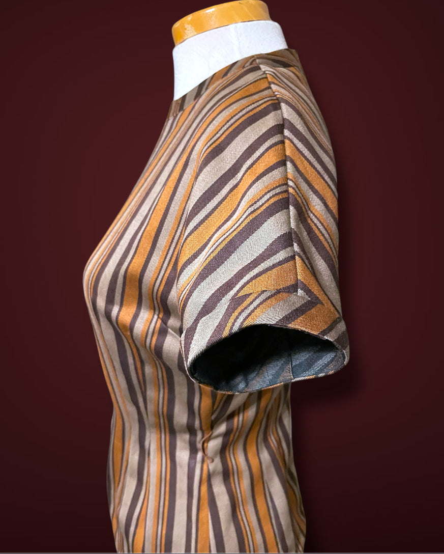 Amazing 1970’s Striped Brown, Tan & Orange Short Sheath Dress