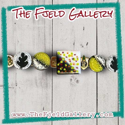 Unique Enamel Copper Link Vintage Bracelet Black, White & Lime Green Chartreuse