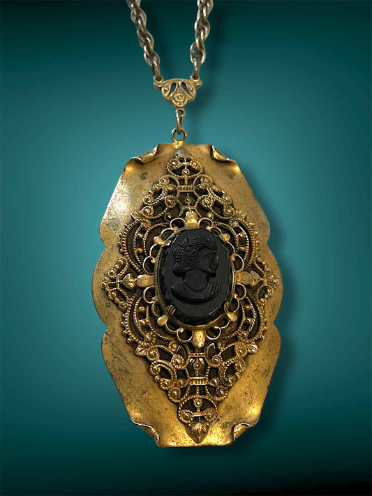 Victorian Black Mourning Cameo Brass Filigree Openwork Stamped Pendant Necklace
