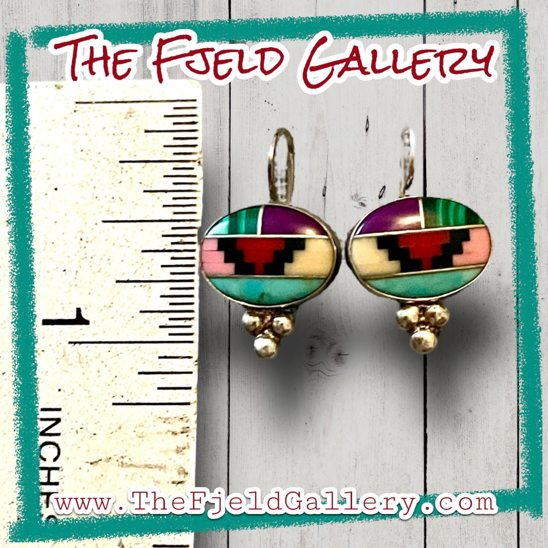 Native American Sterling Silver Turquoise, Coral, Malachite, Yellow Jasper, Black & Purple Onyx Geometric Dangle Earrings