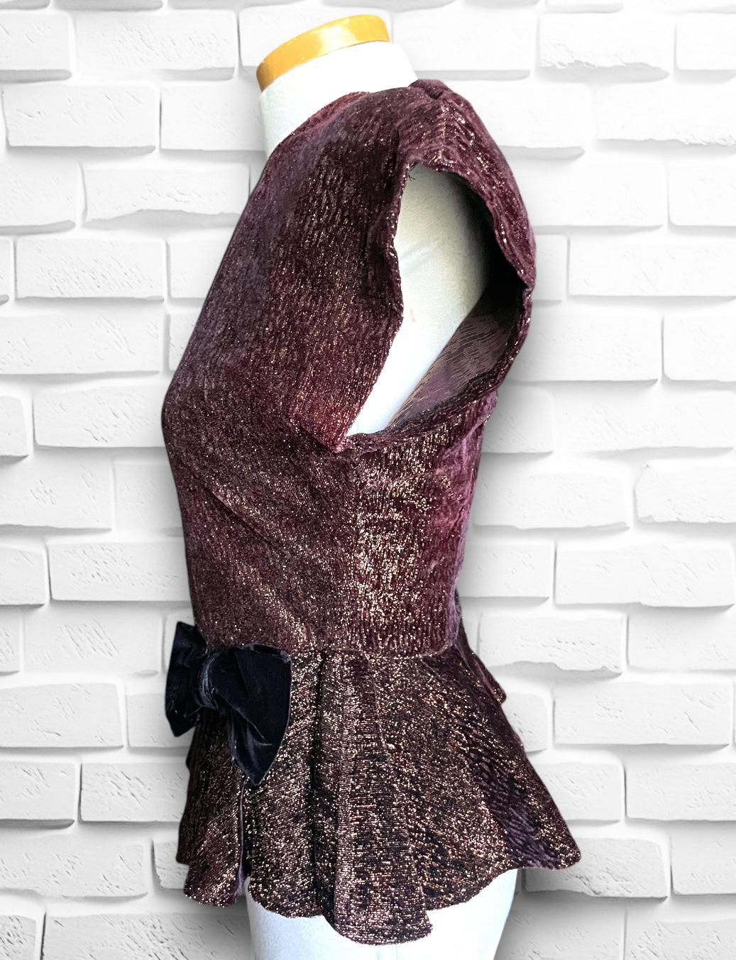 1980 Copper Metallic Peplum Blouse w/ Velvet Bow, Keyhole Back & Black Buttons
