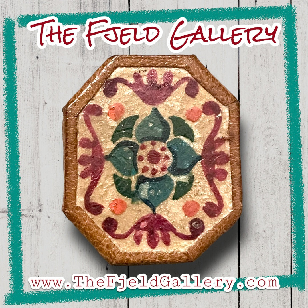 Vintage leather floral painted brooch