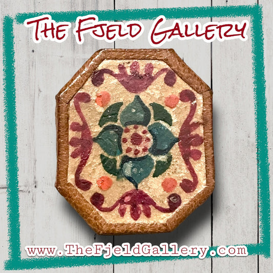 Vintage leather floral painted brooch