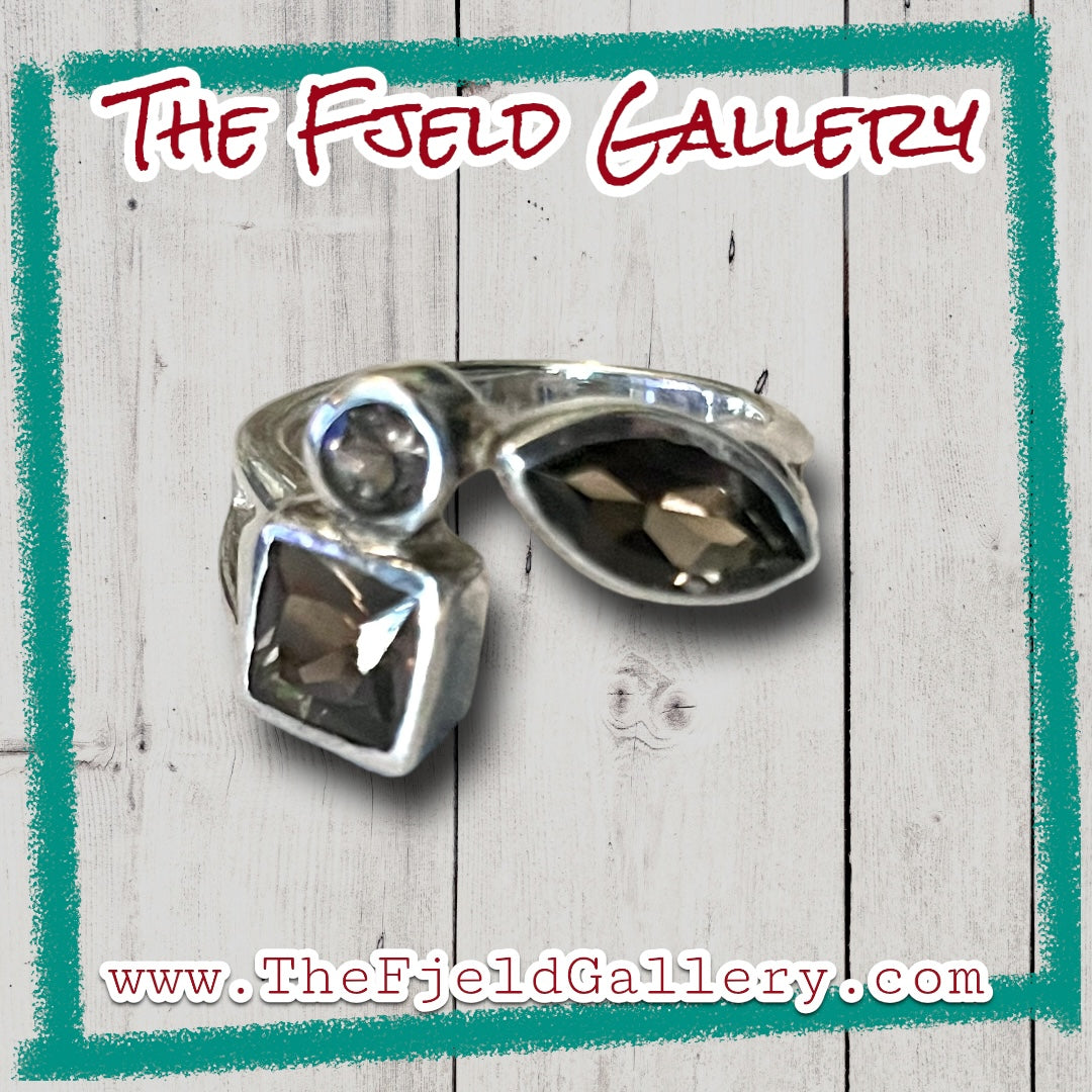 Smokey Topaz 3 Stone Bezel Set Geometric Sterling Silver Ring