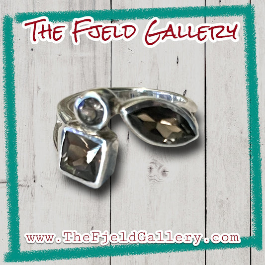 Smokey Topaz 3 Stone Bezel Set Geometric Sterling Silver Ring