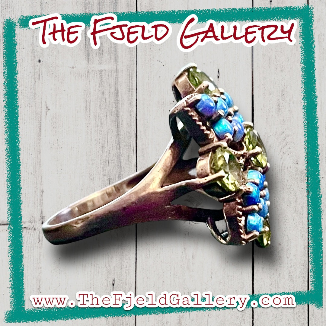 Peridot & Blue Fire Opal Flower Sterling Silver Ring